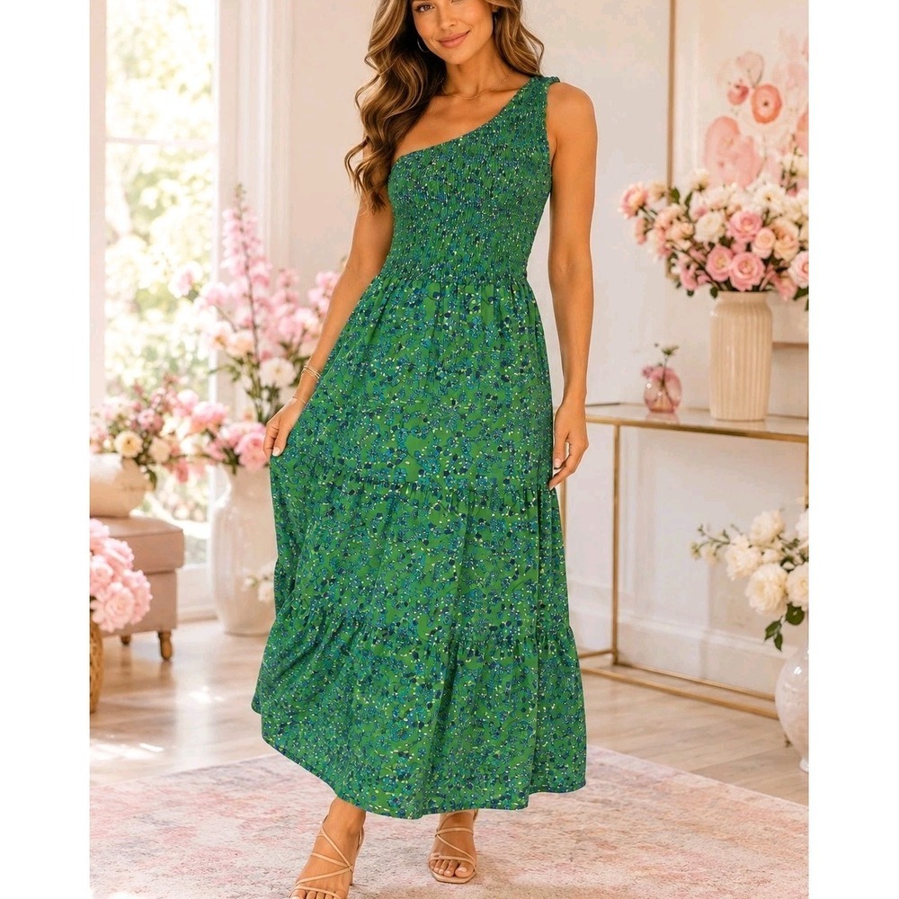 BTFBM Women's Floral Maxi Dress Green Blue One Shoulder Smocked Stretch L